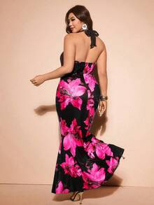 Cravure Plus Size Women's Elegant Vacation Floral Print Lace Sexy Halter Neck Tie Dress - Hot Pink - View 2