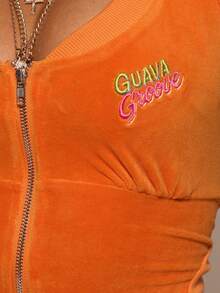 MUSERA Velour Zip Through Embroidered Fited Top Only Summer Vacation Holiday Festival Rave Beach Carnival - Orange - View 6