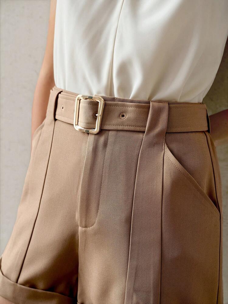 SUMMER DISTRESSED A-LINE SELF-FABRIC BELTED SHORTS FOR WOMEN'S OFFICE COMMUTE
