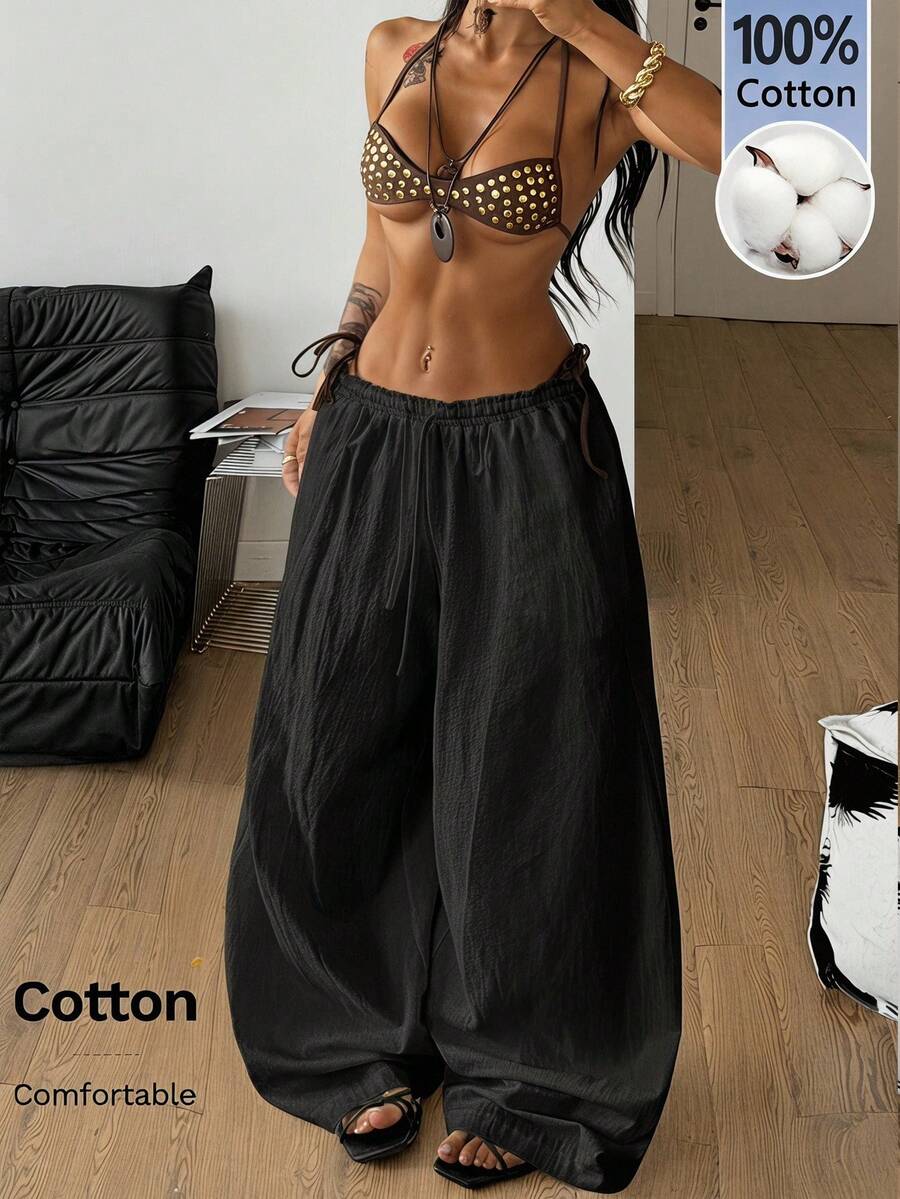 Coolane 女款素色抽繩腰休閒百搭寬腿褲,適合日常穿著 - 黑色 - 查看 1