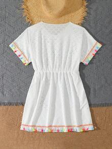 SHEIN 青少年女孩泳裝罩衫，一件式時尚休閒優雅蕾絲泳裝罩衫，適合游泳、夏季海灘、度假、泳池派對 - 白色 - 查看 2