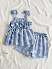 SHEIN Vintaside Kids 女嬰夏季無袖背心時髦清爽休閒數位印花背心背心搭配簡單休閒短褲套裝，適合夏季出遊、海邊度假或日常休閒穿著 - 藍色 - 查看 2