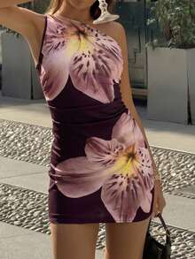 Vestido elegante de playa para vacaciones de mujer, vestido corto ajustado con estampado floral burdeos y hombro asimétrico, estilo bohemio, adecuado para el verano - Multicolor - Ver 5