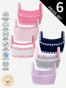 SHEIN Genkimix Kids 6件組女孩純棉愛心印花與素色簡約細肩帶背心內衣 - 彩色 - 查看 2