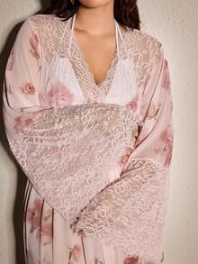 Slumberist Plus Size Loose Lace Trim Long Printed Mesh Robe - White - View 4