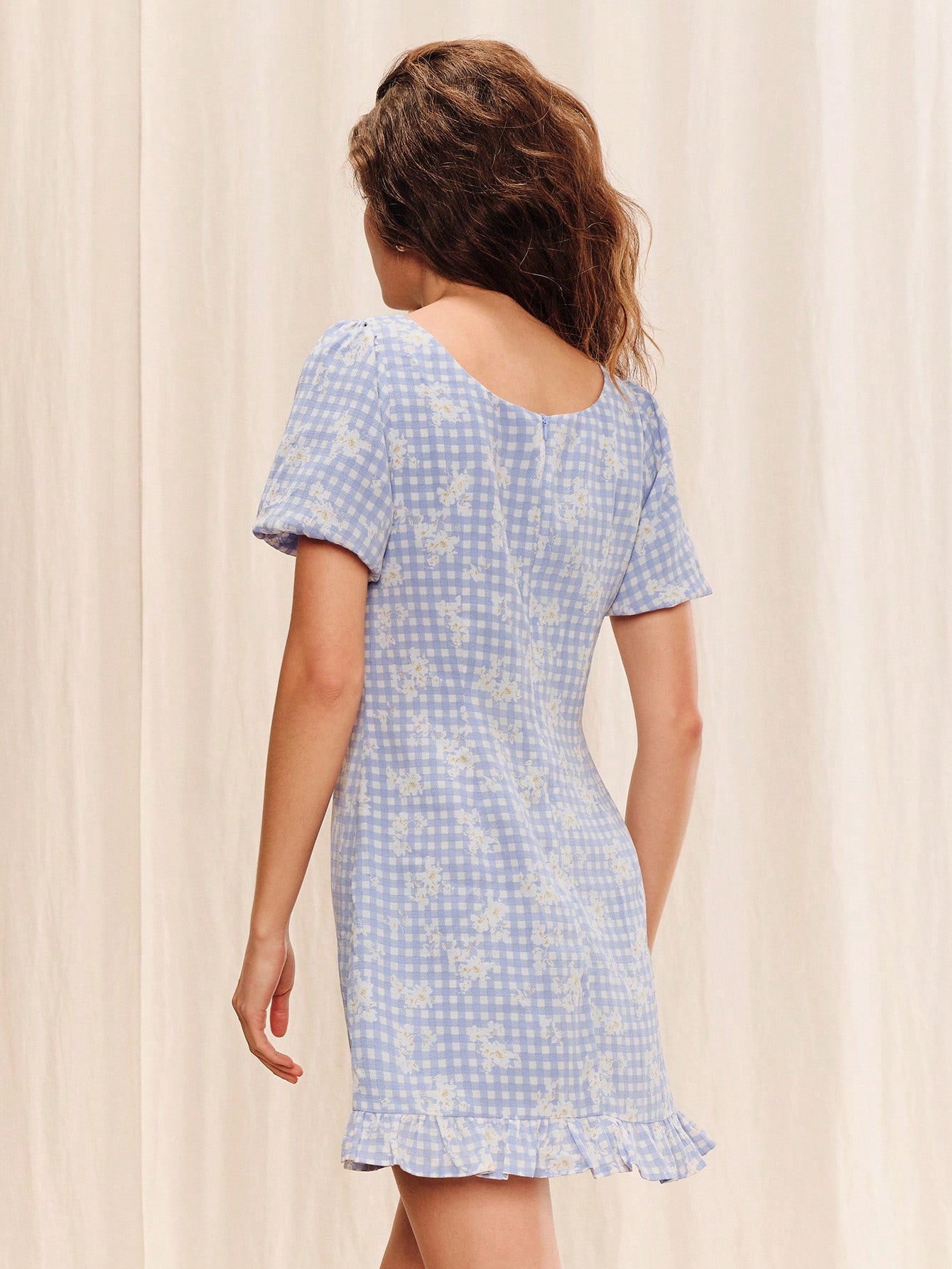 Blue Gingham Floral Mini Dress With Puff Sleeves And Ruffle Hem Summer Holiday Casual Going Out