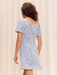 lacRébo Blue Plaid Floral Mini Dress, Puff Sleeves And Ruffle Hem, Summer Vacation Casual Outing Style - Mauve Purple - View 2