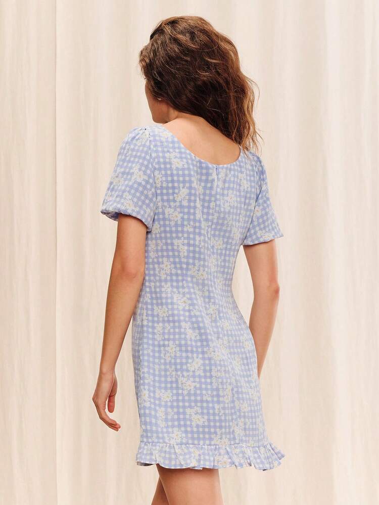 Blue Gingham Floral Mini Dress With Puff Sleeves And Ruffle Hem Summer Holiday Casual Going Out