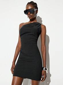 Aveloria GENKIRA Robe courte élégante à rayures, sexy, épaules dénudées, asymétrique, sans manches, froncée et taille cintrée - Gris foncé - Voir 6