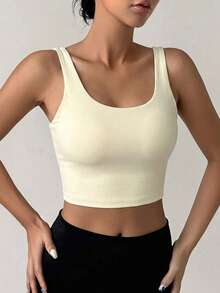 DAZY Bra Olahraga Wanita Minimalis Warna Polos dengan Bagian Belakang Berongga, Musim Panas - Krem - View 7