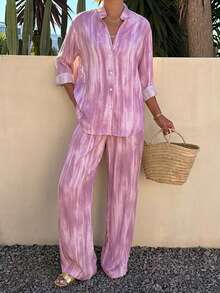 Livesso 2pcs Women's Spring Vacation Tie-Dye Collar Shirt And Casual Pants Set - Pink - View 3