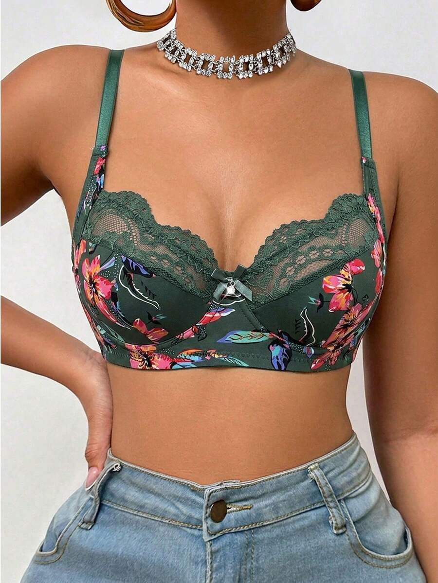 DesireSculpt 1件裝蕾絲拼接無鋼圈女款胸罩 - 軍綠色 - 查看 1