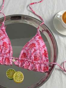 Swim Vcay 女款夏季海灘掛脖花卉印花荷葉邊百褶泳衣上衣 - 彩色 - 查看 5