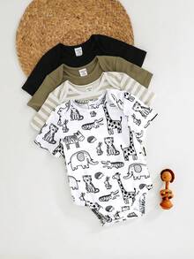 4pcs Baby Boy/Girl Cute Knitted Cartoon Giraffe, Rabbit, Tiger, Crocodile Pattern Elastic Striped Short Sleeve Rompers Basic Bodysuit Set - Multicolor - View 7