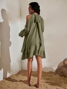 Opulessa Spring/Summer Vacation Solid Color Woven Style Women's Short Dress - Army Green - View 2
