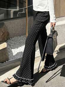 FRIFUL Women's Polka Dot Pattern Frill Trim Wide Leg Pants - Black and White - View 1
