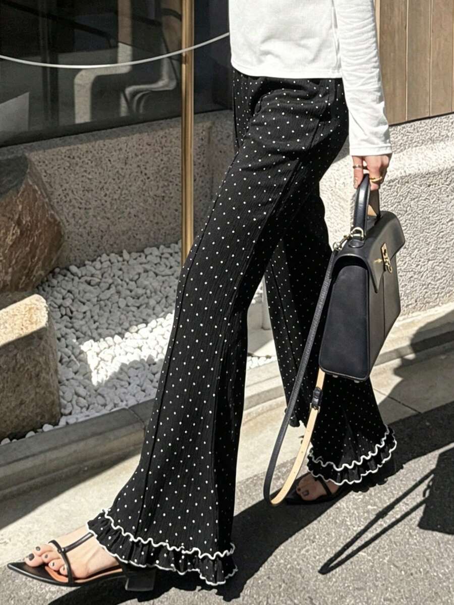FRIFUL Women's Polka Dot Pattern Frill Trim Wide Leg Pants - Black and White - View 1