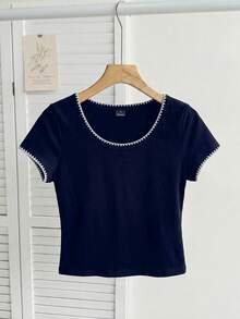 SHEIN EZwear 95%棉海軍藍休閒極簡貝殼刺繡圓領修身女款T恤，適合夏季 - 藍色 - 查看 4