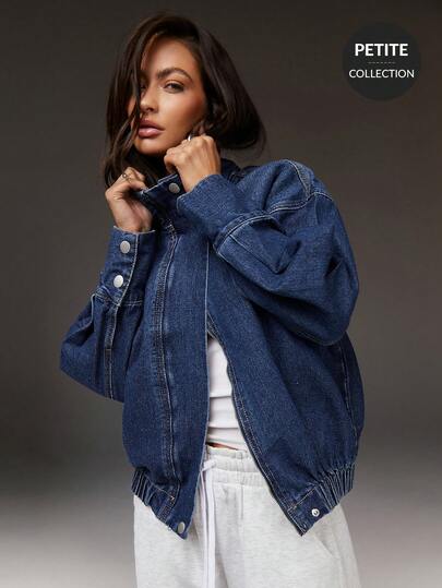 Athîral Denim Petite 女款小碼露肩長袖單排扣休閒牛仔夾克 街頭風外套 度假節日嘉年華 秋季深藍色旅行穿搭
