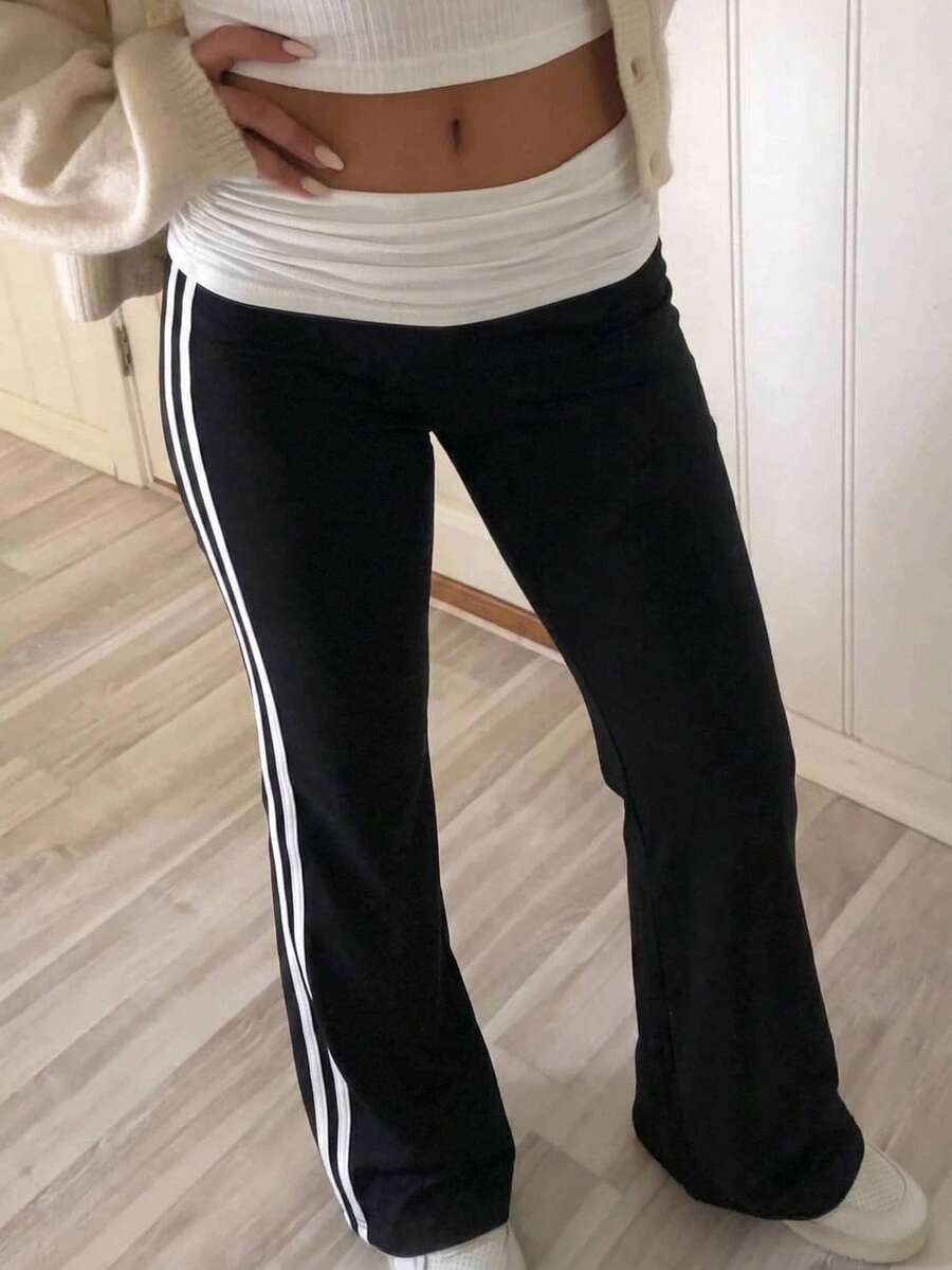 SHEIN Pantalones casuales de punto con bloques de color para adolescentes - Blanco y Negro - Ver 1