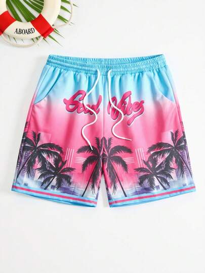 ROMWE MEN Street Life Calções casuais de primavera/verão para férias na praia, com padrão de coqueiro e letra, cintura com cordão, estilo escolar