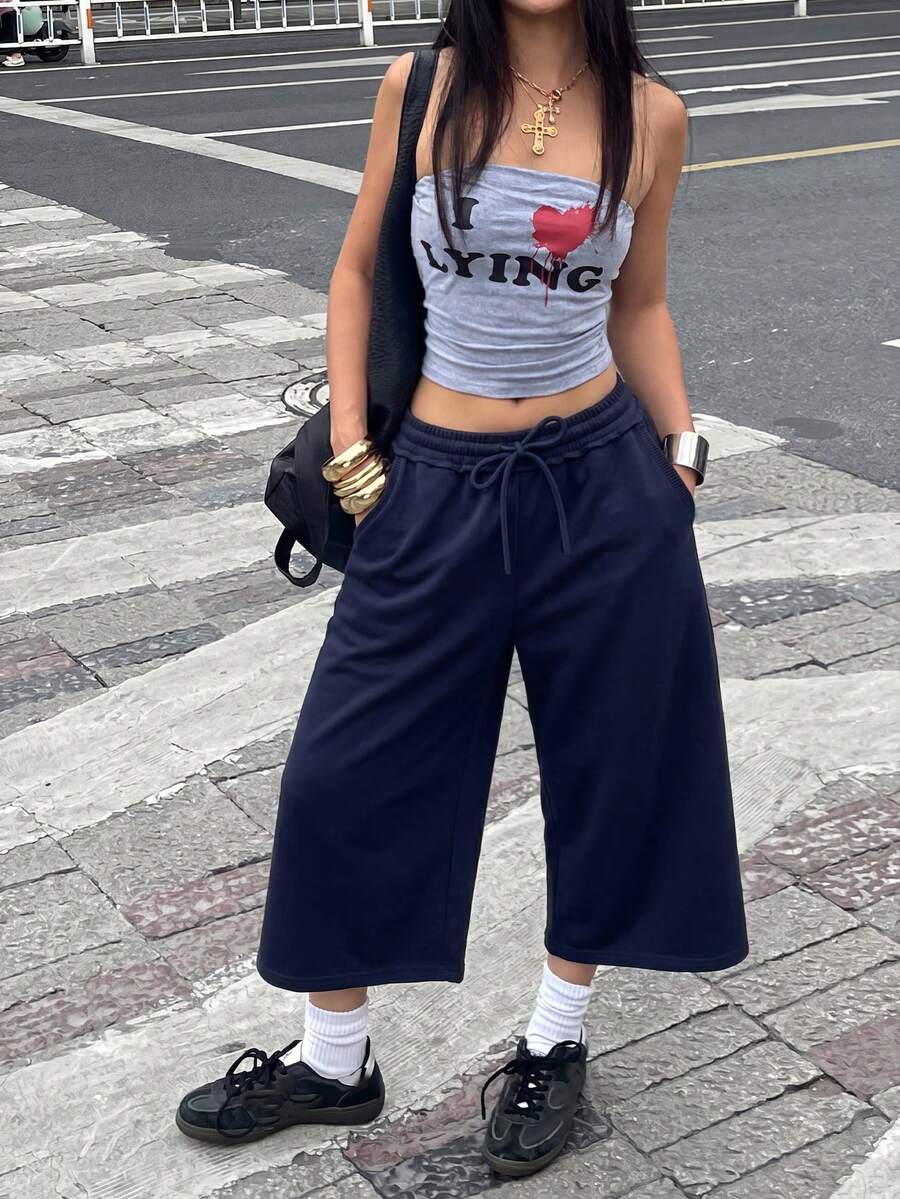 Coolane 女款春夏街頭風復古水洗磨損舒適牛仔效果黑色短褲 - 藏蓝色 - 查看 1