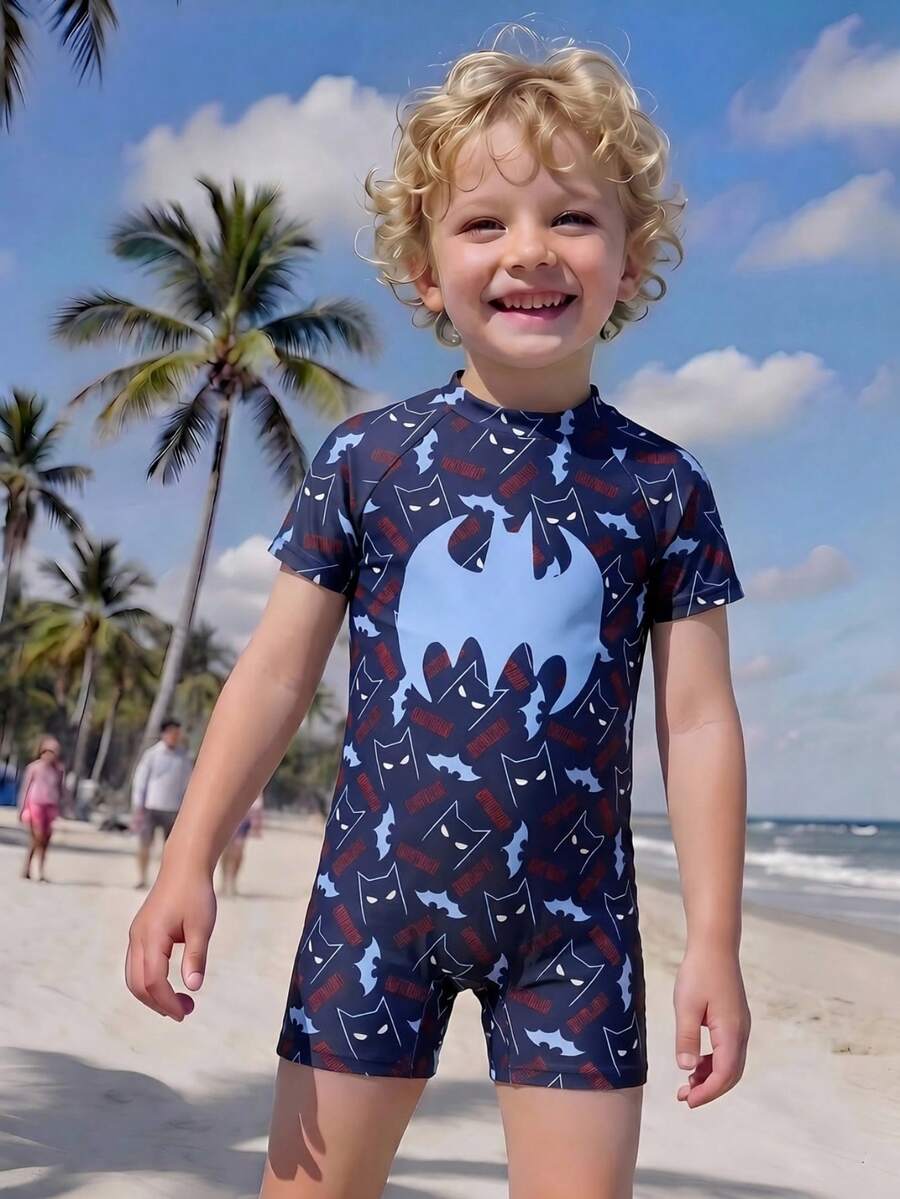 BATMAN X SHEIN GraphicGems Young Boy All-Over Print Short Sleeve Romper Swimsuit, Suitable For Summer Beach Vacation, Swimming Pool Party - Navy Blue - View 1