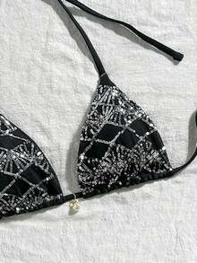 Costavie Swim Basics 1件式上衣 春夏海灘度假 亮片紋理面料 珍珠裝飾 綁脖三角杯性感比基尼上衣 - 彩色 - 查看 6