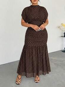 Firerie 大尺碼女款優雅精緻浪漫迷人時尚情人節約會度假婚禮賓客度假風網紗透視假兩件式棕色長洋裝 - 棕色 - 查看 5