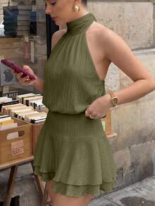 Pariaura Halter Tie Waist Dress, Textured Fabric With Back Big Bow & Double Ruffle Hem - Green - View 3