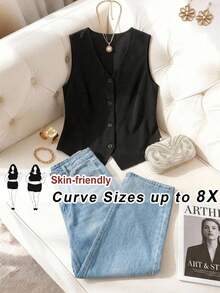 SHEIN CURVE+ 加大码黑色薄款马甲外套，女士办公室衬衫 - 黑色 - 查看 10