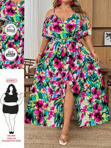SHEIN CURVE+ Curve 尺码 US22 音乐节、海滨度假、波西米亚风女士夏季休闲度假风纯色露肩高开衩腰带连衣裙 - 彩色 - 查看 2