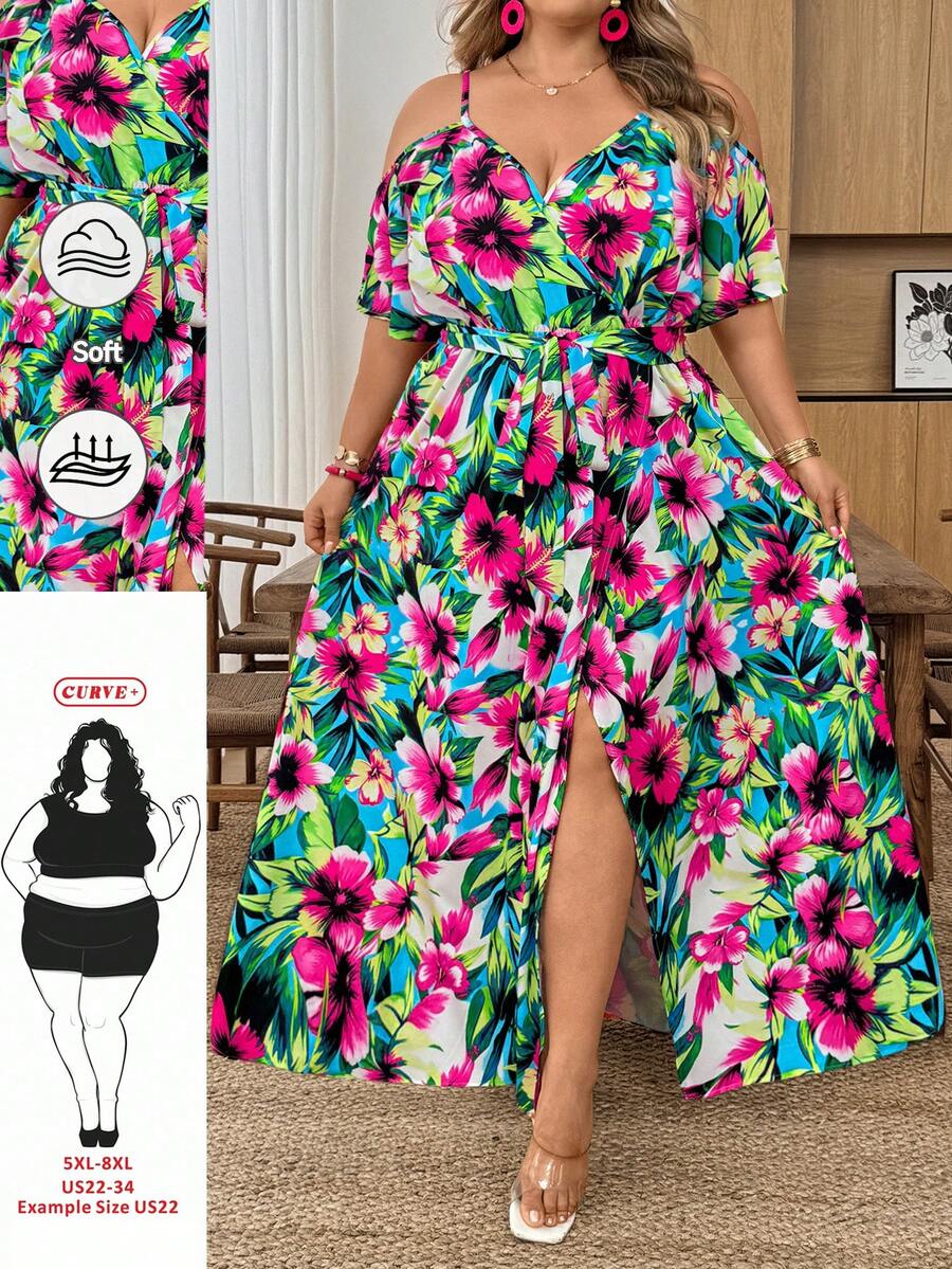 SHEIN CURVE+ Curve 尺码 US22 音乐节、海滨度假、波西米亚风女士夏季休闲度假风纯色露肩高开衩腰带连衣裙