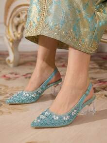 CUCCOO TILAWA Women's Crystal Heel Glass Rhinestone Pointed Toe Blue High Heel Pumps, Suitable For Outings, Banquets, Parties And Other Events - Sky Blue - View 7