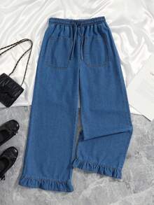 SHEIN Tween Girls Loose Straight Leg Denim Pants, New Washed Versatile Minimalist Cute Casual Style, Frill Trim Design, Elastic Waistband With Drawstring - Blue - View 3