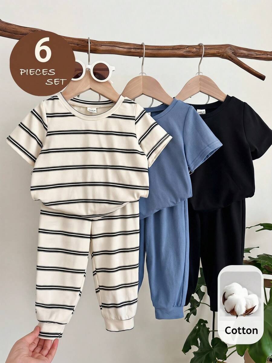 SHEIN LMoss Kids 6pcs Baby Boy Knitted Solid Striped Casual T-Shirt And Pants Set - Multicolor - View 1
