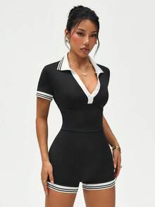 CourtClass CourtClass 女款黑白短袖鈕扣設計運動連身褲 健身運動 夏季性感運動休閒風 - 彩色 - 查看 7