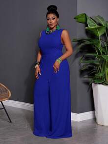 Slaydiva Early Spring Sleeveless Solid Color Plus Size Jumpsuit For Women - Royal Blue - View 3