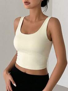 DAZY Bra Olahraga Wanita Minimalis Warna Polos dengan Bagian Belakang Berongga, Musim Panas - Krem - View 6