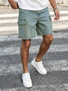 Manfinity Homme 男士翻蓋口袋鈕扣拉鍊直筒夏季工裝牛仔短褲，城市度假街頭風 - 藍色 - 查看 7