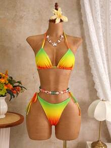 Swim Lushoire Women's Sexy Tropical Halter Backless Tie-Waist Outfit, Gradient Color Print + Matching Sheer Overlay Top And Ruffle Hem Mini Skirt, Summer Vacation - Green - View 5