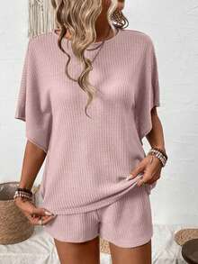 EMERY ROSE Plus Size Women 2 Pieces Set, Solid Color Short Sleeve Top And Shorts Vacation Light Pink Summer Casual Traditional Formal Home Wear - Multicolor - View 6