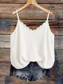 SHEIN VCAY Áo hai dây nữ size lớn màu trơn cổ chữ V bèo nhún dáng rộng, phong cách Bohemian mùa hè, casual lãng mạn - trắng - Xem 1