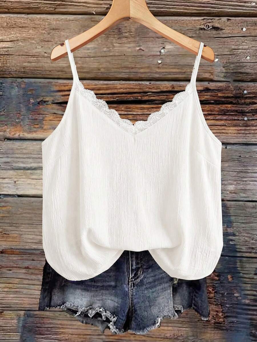 SHEIN VCAY Áo hai dây nữ size lớn màu trơn cổ chữ V bèo nhún dáng rộng, phong cách Bohemian mùa hè, casual lãng mạn - trắng - Xem 1