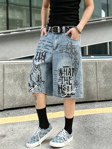 Manfinity EMRG 中性塗鴉印花寬鬆牛仔短褲，街頭風街頭穿搭城市度假淺藍色夏季假期款 - 藍色 - 查看 8