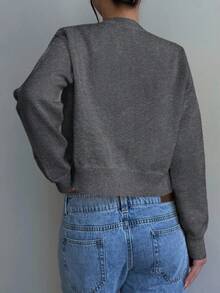 SHEIN 青少年女孩圓領素色落肩長袖秋季開襟衫 - 深灰色 - 查看 2