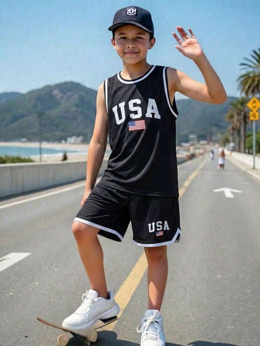 SHEIN 青少年男孩 2件套運動風美國國旗圖案黑色羅紋背心套裝，返校春季穿著，青少年男孩服飾，青少年男孩夾克，春季返校美國日