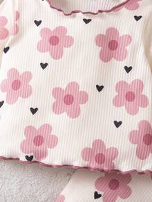 2 Piezas SHEIN Conjunto de Pijama de Recién Nacido con Patrón de Dibujos Animados Lindos, Cuello Redondo con Volantes, Manga Corta, Tejido Cómodo y Ajuste Cómodo (Dos Piezas) - Rosa Pálido - Ver 5