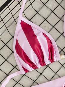 Swim Mod 春夏海灘度假紫色與粉色拼接掛脖條紋兩件式比基尼泳衣套裝 - 彩色 - View 4