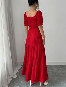 Elenzga Women's Elegant Waist Tie Petal Sleeve Dress, Summer - Red - View 2